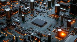 Detailed view of a printed circuit board (PCB) with central microchip and electronic components.
