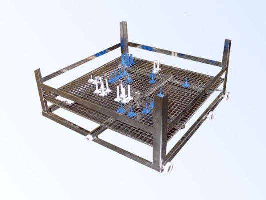 Loading trolley for stacked operation with spray arms and full-surface stainless steel grid support, equipped with repositionable plastic holders; optionally available with top cover.