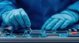 Technician with blue gloves working on a printed circuit board (PCB) using a tool.