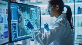 Wissenschaftlerin im Labor analysiert Daten auf einem großen Bildschirm.